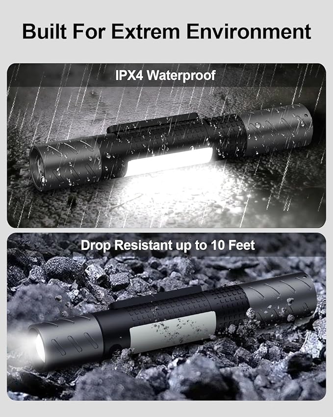 Rechargeable Flashlight, Includes Screwdriver, Window Breaker, 4 Main Lighting Modes, 3 Side Lighting Modes, High and Low Beam, Magnetic Rechargeable Flashlight for Home, Car, Hiking, Camping