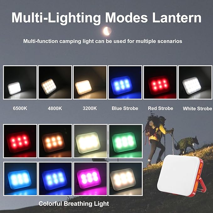 Led Rechargeable Lanterns, Small Camp Light with 8 Light Modes Led Lantern for Tent Camping Outdoor Power Outage Tent Light RGB Camping Lights IP65 Waterproof (Red)