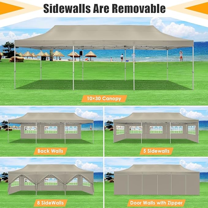 HOTEEL Tents for Parties 10x30 Pop Up Canopy Tent Heavy Duty with 8 Sidewalls, Commercial Party Tent Event Wedding Instant Canopy Waterproof with Carry Bag, UV 50+, Thicked Hexagonal Legs, Khaki