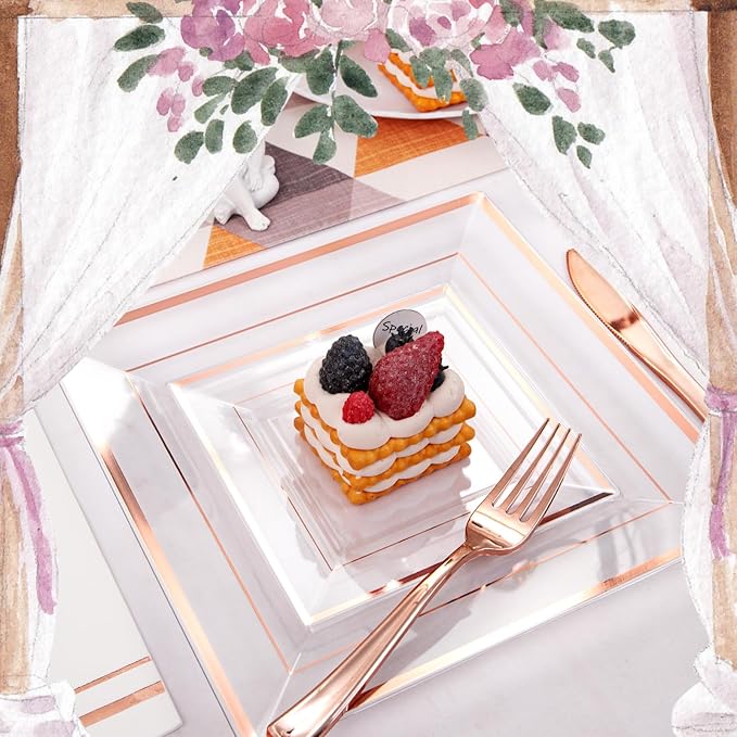 Festiva 350Pcs Rose Gold Plastic Plates - Clear Rose Gold Disposable Dinnerware Sets for 50Guests include 100 Plates 50 Cups 50Plastic Cutlery 50Napkins Perfect for Party&Wedding&Mother's Day