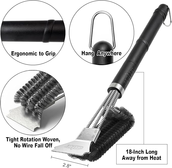 GRILLART Grill Brush and Scraper BBQ Brush for Grill, Safe 18" Stainless Steel Woven Wire 3 in 1 Bristles Grill Cleaning Brush, BR-4516