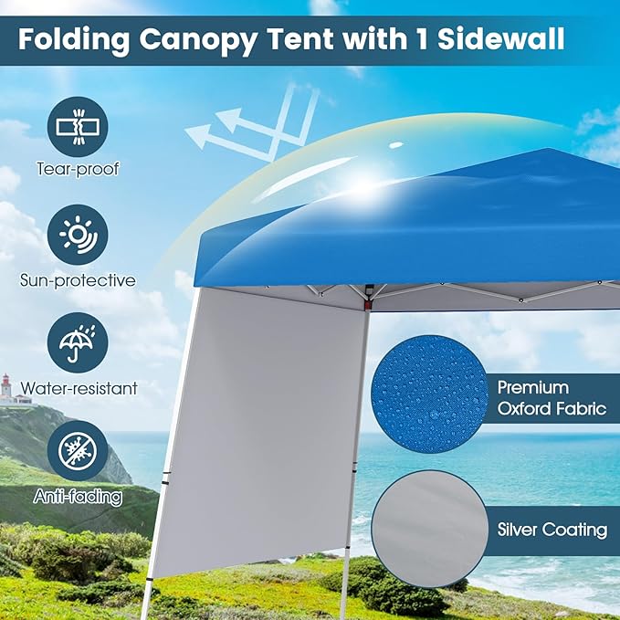 Tangkula 10x10 FT Pop Up Canopy with Sidewall, UPF 50+ Easy Setup Outdoor Tent with Backpack, 4 Stakes, Portable Heavy-Duty Canopy Tent for Party Events Camping Picnic, 10x10 Base, 8x8 Top