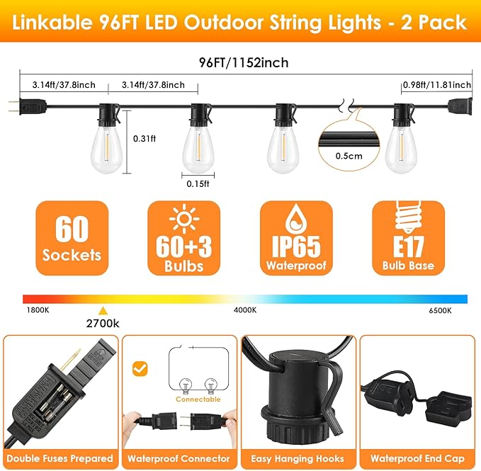 192FT(2x96FT) LED Outdoor String Lights, Patio Lights with 60+3 Shatterproof Waterproof 2700K Dimmable Bulbs, Linkable Light for Balcony-Black