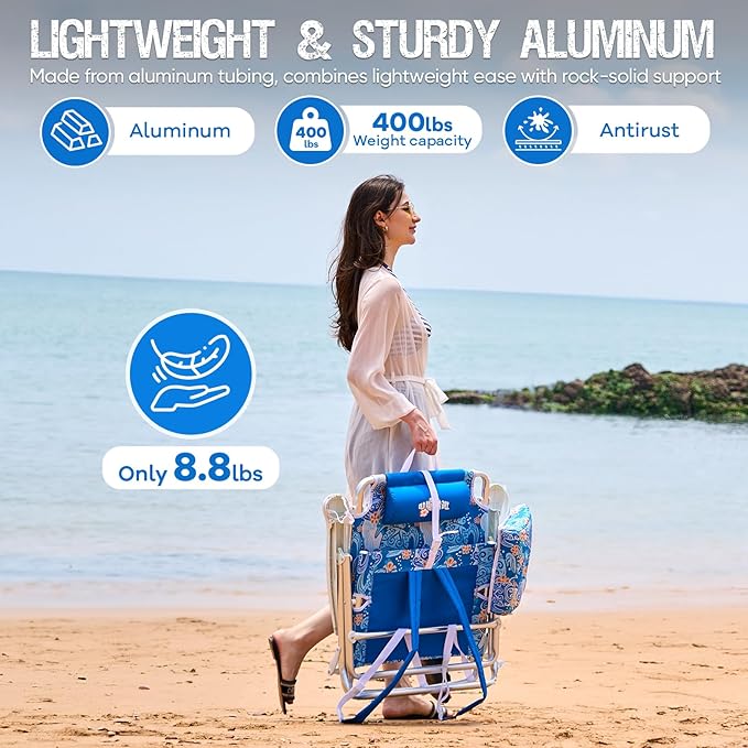 Reclining Beach Chair Backpack 5-Position Lay Flat Lounge Chair for Adults Heavy Duty Portable Folding Lightweight with Cooler Bag Camping Chair for Sand Outdoor