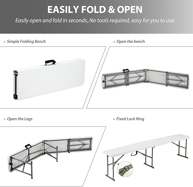 6ft Plastic Folding Bench with Carrying Handle & Lock, Portable Outdoor Bench in Garden Picnic Camping Dining Party Seat, Waterproof Bench for Soccer Activities, Firm and Durable(2 Pack C)