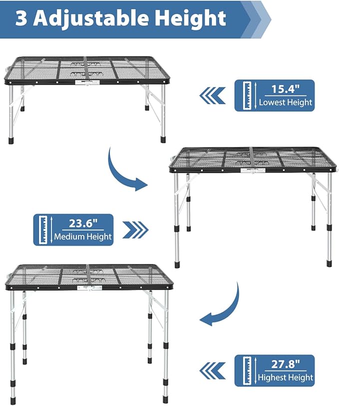 Sportneer Folding Table, 3 Heights Camping Table with 2 Hooks, Lightweight & Compact Aluminum Portable Grill Table for BBQ, RV, Picnic, Outdoor, Camping, Cooking, 35.4'' L x23.6'' W Large Size