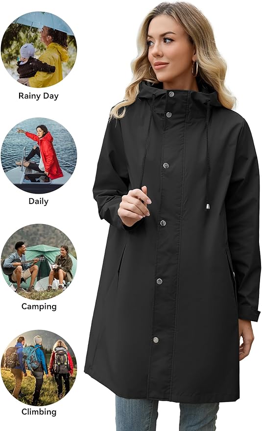 Zando Long Packable Rain Jacket Women Waterproof - Raincoat for Women Rain Coat with Hood Lightweight Outdoor Windbreaker