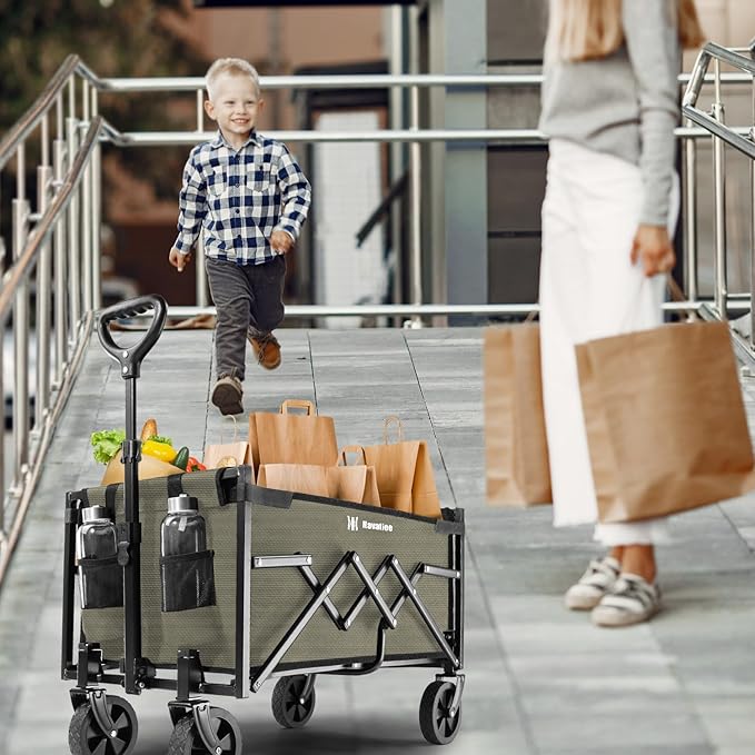 Navatiee Portable Foldable Collapsible Wagon with Wheels, 220lbs Weight Capacity Utility Grocery Shopping Cart, Lightweight Mini Folding Wagon for Outdoor, Khaki
