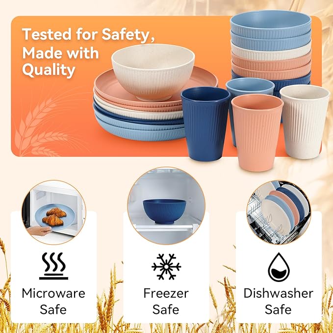 Wheat Straw Dinnerware Sets,56-Piece Plates and Bowls Sets for 8-Unbreakable,Reusable Plastic Dish Set-Dinner Plate/Cereal Bowl/Cup/Utensils-Microwavable Dishwasher Safe 56P-Deep Gray
