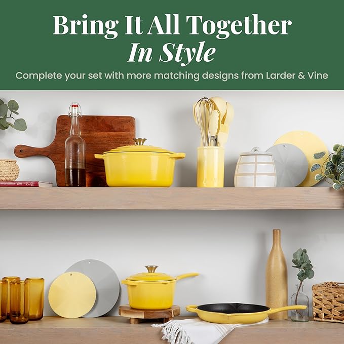 Larder & Vine Enameled Cast Iron Skillet | 10.25 in Cast Iron Pan | Saute Pan with Pour Spouts | Enamel Coated Skillet | Compatible on All Cooktops & Oven Safe to 500F | Limoncello