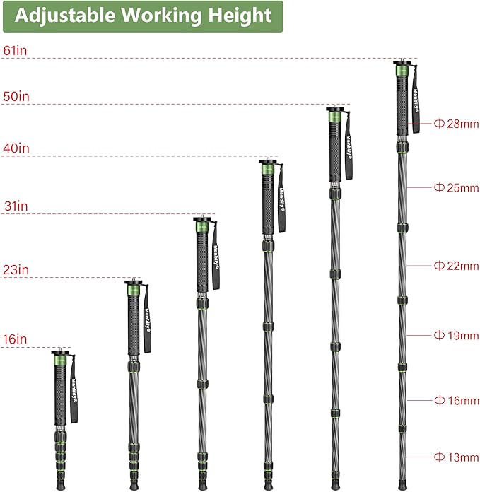 Manbily Carbon Fiber Camera Monopod, 61-inch Portable Compact Lightweight Travel Monopod Walking Stick for DSLR Camera Canon Nikon Sony Video (Green)