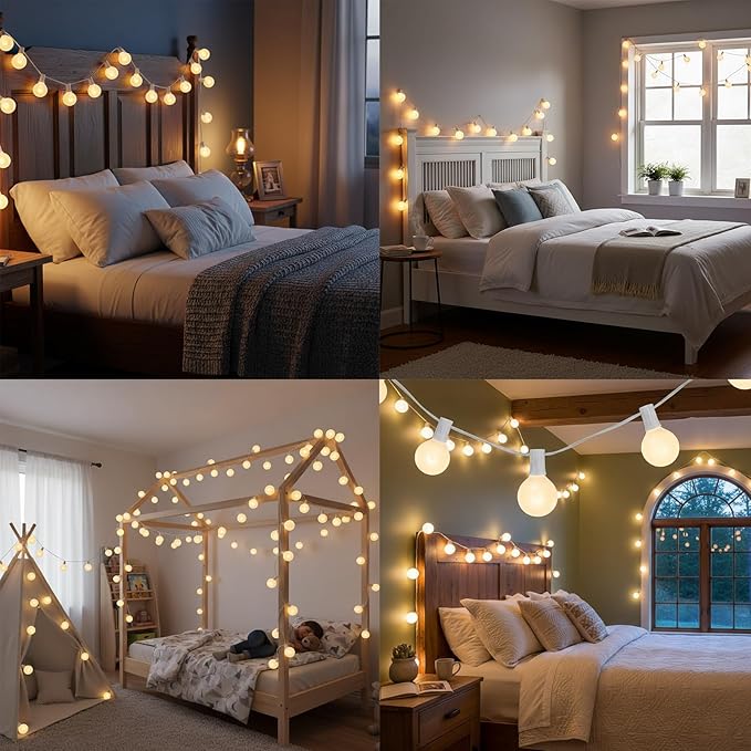 25Ft Outdoor White Frosted String Lights with 27 G40 Frosted Bulbs,E12 Socket Base,Waterproof Connectable Hanging Lights for Backyard Wedding Porch Bistro Party Valentine's Day Decor,White Wire