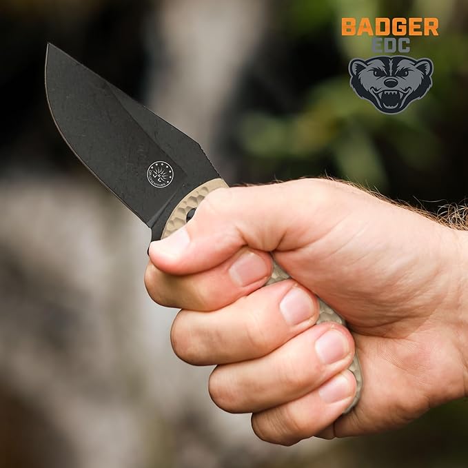 Off-Grid Knives - Badger EDC Folding Knife with Sandvik 14C28N Blade, Ball Bearing Pivot, G10 Scales, Grid-Lock, Ambidextrous Deep Carry Clip (Coyote)