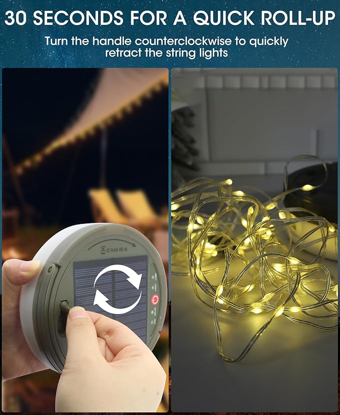Solar Camping String Lights, 39.4 Ft Ultra Outdoor String Lights with 8 Lighting Modes, Solar Power and USB Rechargeable with Remote Control, Waterproof Portable Camping Lights for Yard Hiking
