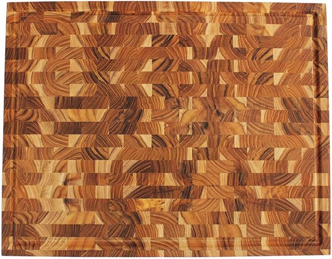 EcoDecors FSC Certified Solid Teak Wood Cutting Board 24x18, Large End Grain Butcher Block with Juice Groove, Side Handles, Charcuterie Slots, Reversible