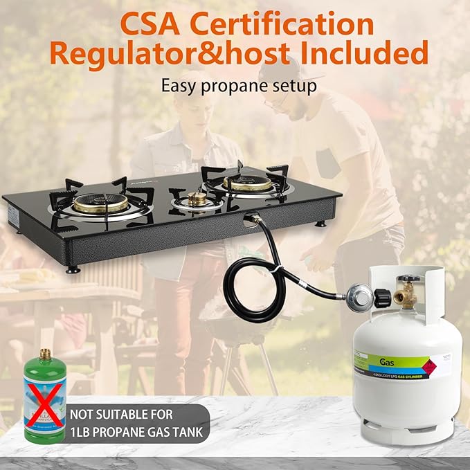 Propane Stove 3 Burner Gas Stove, 34000 BTU High-Efficiency Auto Ignition Tempered Glass LPG Cooktop with CSA Regulator and Hose โ for Outdoor Camping, RV, and Emergency Cooking