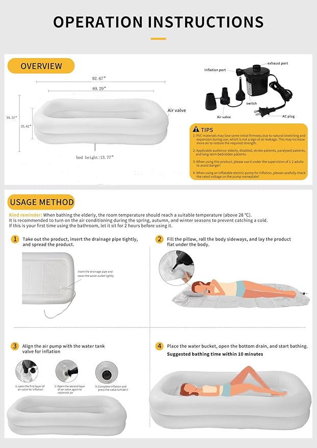 Medical Inflatable Bathtub,Inflatable Bed Bath,Medical PVC Bedside Shower Bathtub Kit,Bed Baths for The Disabled,Bed Tub+Bedside Water Bag+Electric air Pump+Medical Inflatable Shampoo Basin