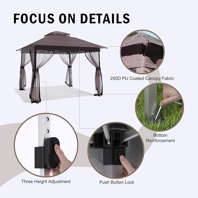 Outdoor Pop Up Gazebo 10x10 - Instant Canopy Tent with Mosquito Nettings, Double Roof Vented Gazebos Tents Shelter for Backyard Shade Party Garden Lawns (Brown, 10x10)
