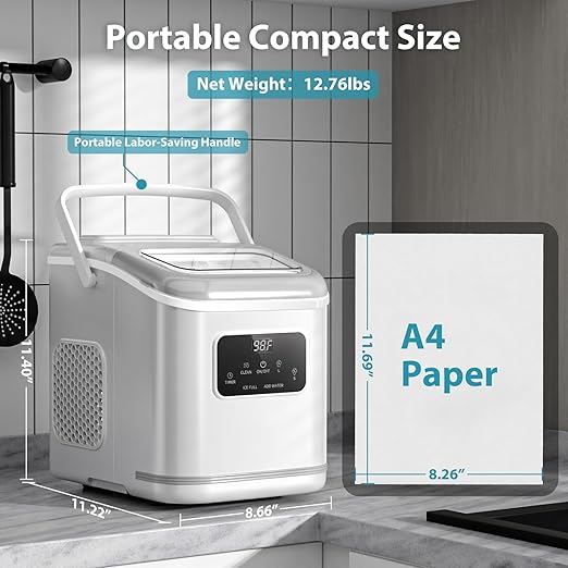 Ice Maker Machine countertop Self Cleaning Portable Compact Small Bullet Ice Maker with Digital Screen,9 Cubes in 6 Mins,26lbs in 24Hrs,for Camping Dorm Home Outdoor(White)