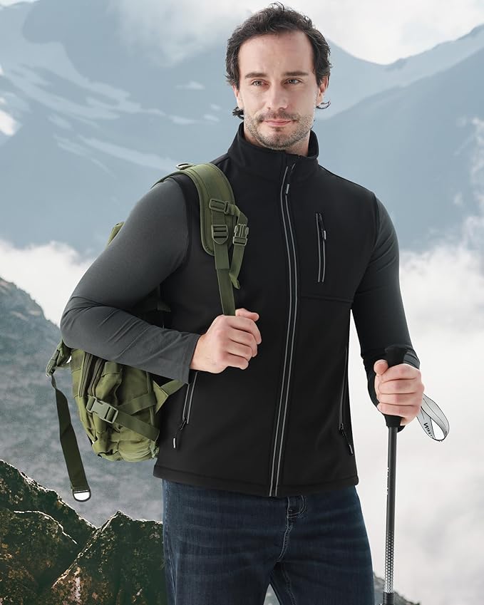 WULFUL Men's Windproof Lightweight Golf Vest Outerwear with Pockets, Softshell Sleeveless Jacket for Travel Hiking Running