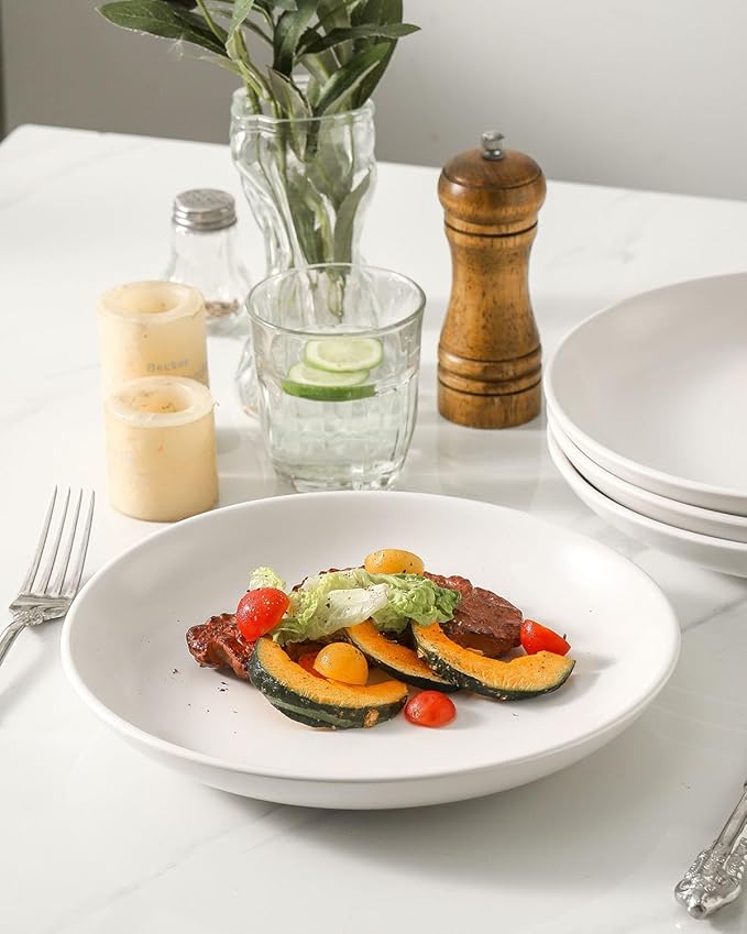 Dinner Plates, 10 Inch Stoneware Plates Set of 4, Ceramic Dinner Dishes for Salad, Pasta, Steak, Pancakes, Scratch Resistant Plate Set, Microwave & Dishwasher Safe, Matte White