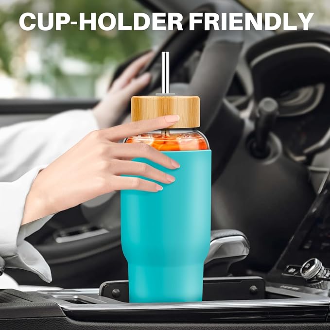 PROBTTL Glass Water Bottles 32 oz, 1 Liter Glass Tumbler, Borosilicate Water Bottle with Straw, Silicone Sleeve, 2 Lids - Handle Spout & Bamboo Straw Lid, Fits Car Cup Holder(AQUA)