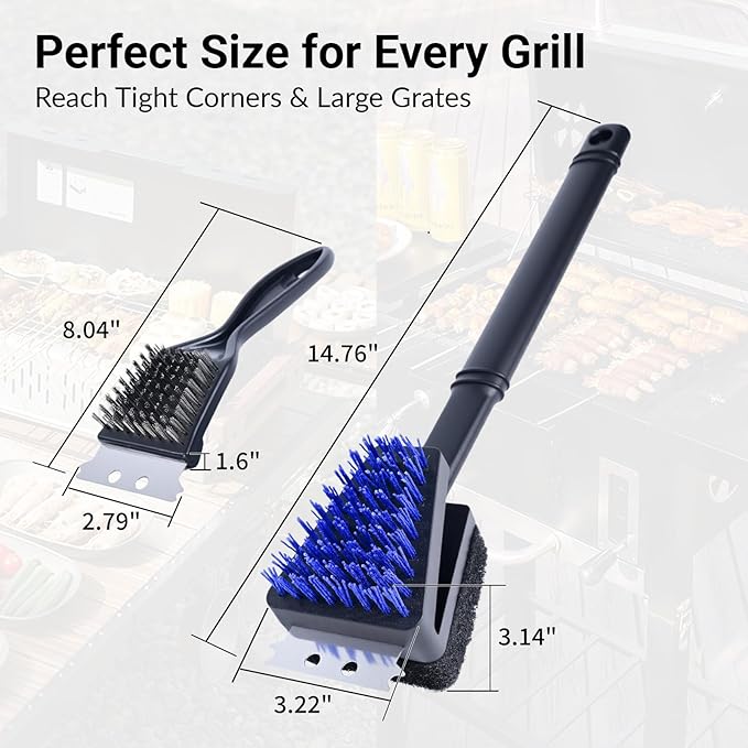 Nylon Bristle Grill Brush for BBQ - Heavy Duty Grill Cleaning Kit with Scraper, Safe for All Grill Types - Non-Scratch Bristles & Long Plastic Handle - Outdoor Barbecue Brushes 2-Piece Set