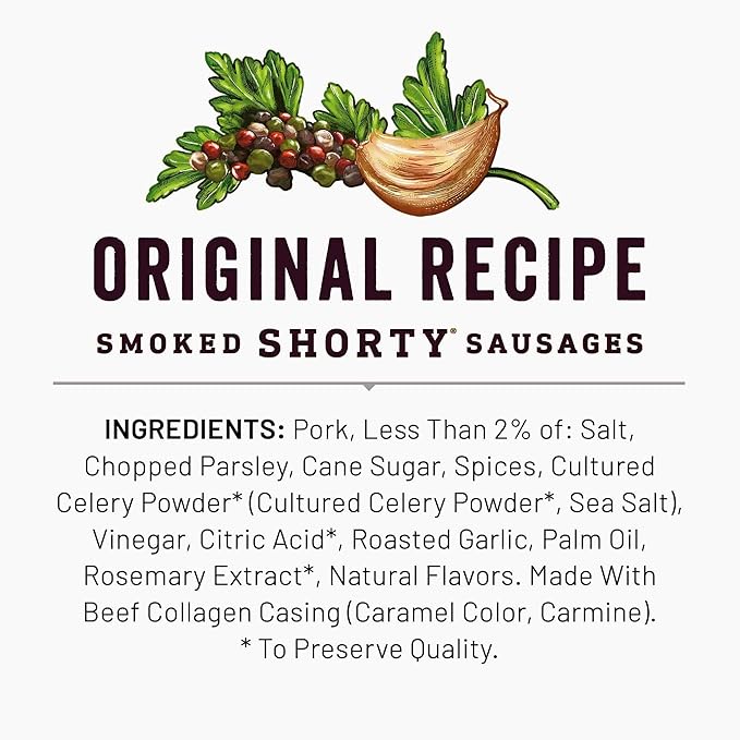 Duke's Pork Original Smoked Shorty Sausages, 7g Protein Per Serving, 2.5 oz. Snack Bags (Pack of 7)