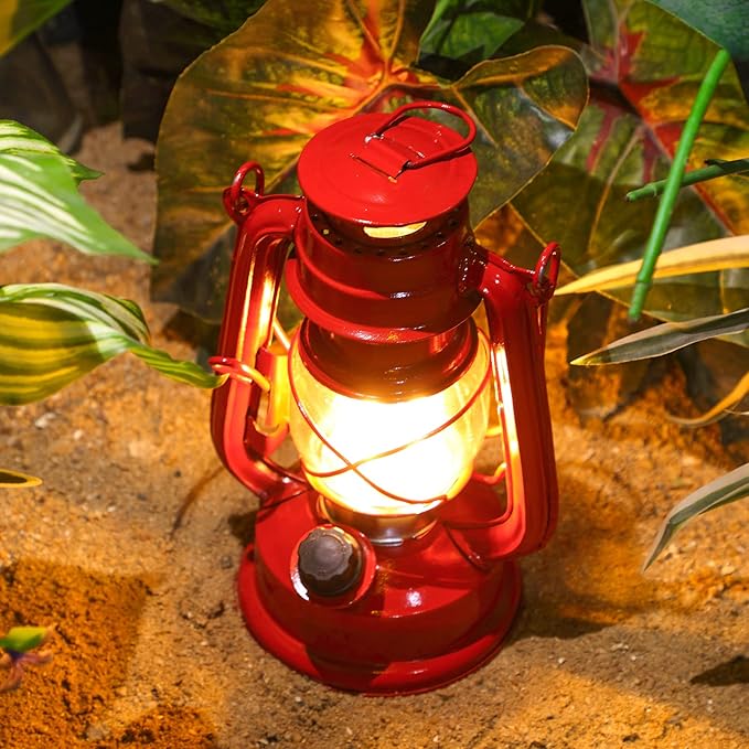 Hortsun 8 Pcs 8 Inch Vintage LED Hurricane Lantern Metal Red Outdoor Battery Operated Hanging Lantern with Warm LEDs and Dimmer Switch for Indoor Rustic Farmhouse Country Camping Decor