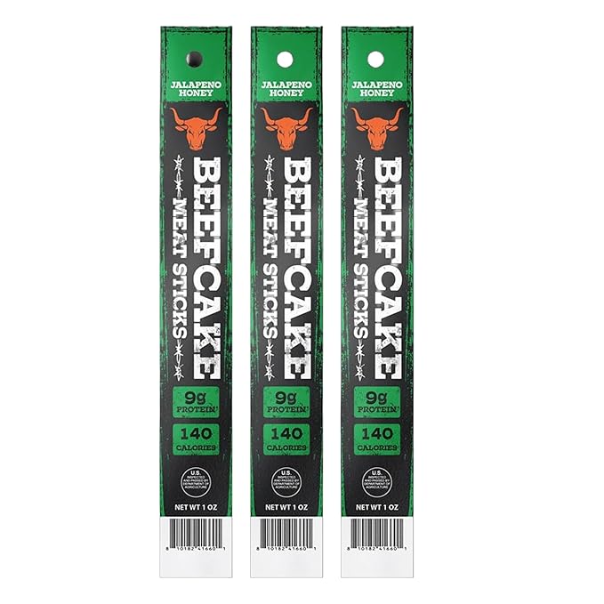 Beefcake Jerky Jalapeno Honey Meat Sticks, Sweet Heat Protein Snacks, 9g Protein, 3 Sticks