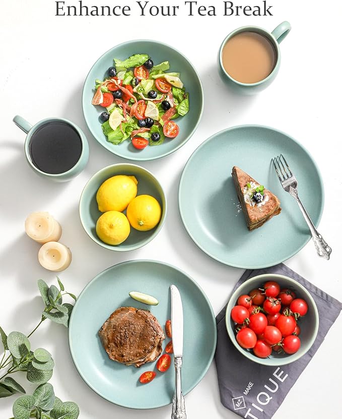 Dinner Plates Set of 6, 10 Inch Stoneware Plates for Salad, Appetizer, Dessert, Farmhouse Dinnerware Dishes for Christmas Thanksgiving Gift, Microwave & Dishwasher Safe, Matte Turquoise