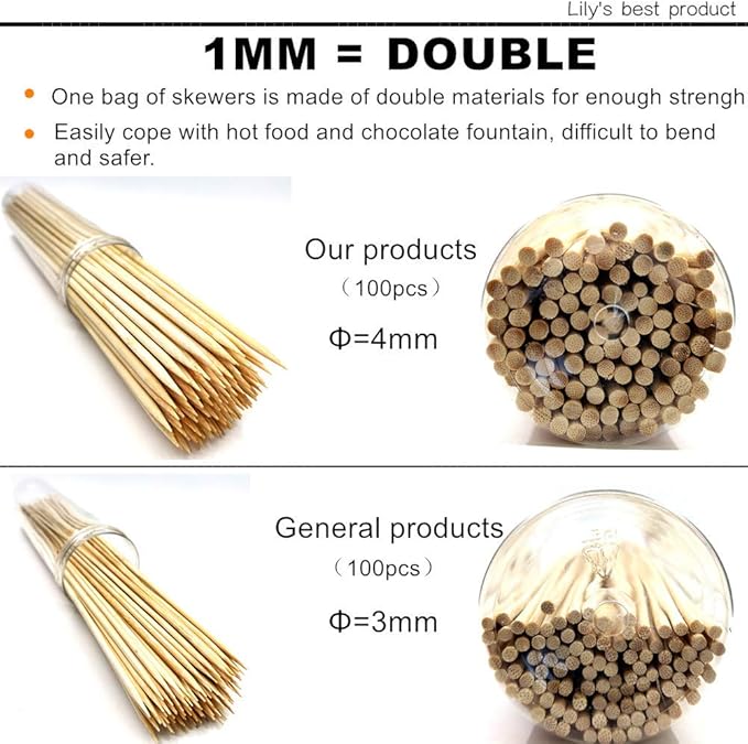 HOPELF 6" Natural Bamboo Skewers for BBQ,Appetiser,Fruit,Cocktail,Kabob,Chocolate Fountain,Grilling,Barbecue,Kitchen,Crafting and Party. Φ=4mm, More Size Choices 8"/10"/12"/14"/16"/30"(100 PCS)