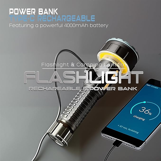 Rechargeable Flashlights High Lumens, 3500LM Bright Tactical Flashlight, 4000mAh with LCD Display, 3 Modes COB Camping Lantern EDC Flashlight for Outdoor Emergency, Hiking, Home Use