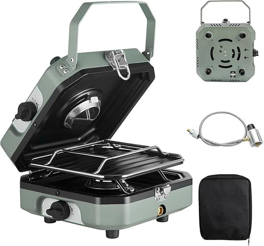 2 Burner Propane Camping Stove with Grill, 16000 BTU Portable Propane Camp Stove with 2 Adjustable Burners & Piezo Ignition, for Camping, Home Backyard, Frying Turkey, Green