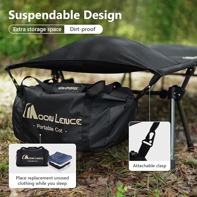 MOON LENCE Height Adjustable Camping Cot - Supports 330 lbs, Portable Folding Bed with Leg Extenders for Camping, Hiking, Sleeping, 1 Pack, Black