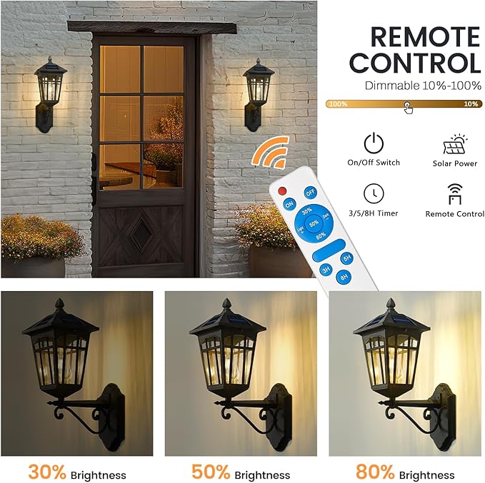 zeyu Outdoor Solar Wall Lantern, 20 Inch Exterior Solar Porch Light with Remote, Die-Cast Aluminum with Seeded Glass Shade, Black Finish, ZYX113B SL BK