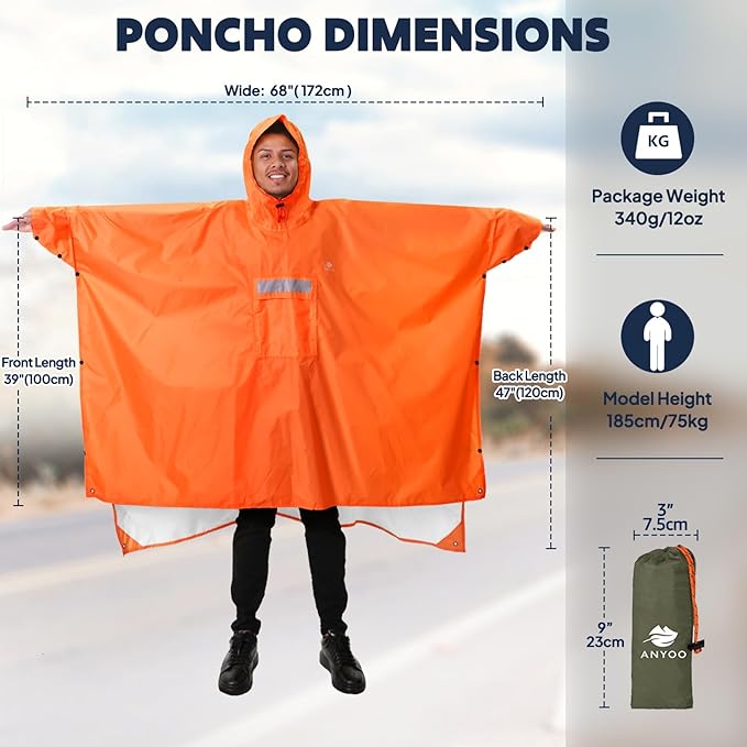ANYOO Hooded Rain Poncho for Adults Waterproof Lightweight Rain Coat for Men Women Reusable Rain Jacket for Emergency Outdoor