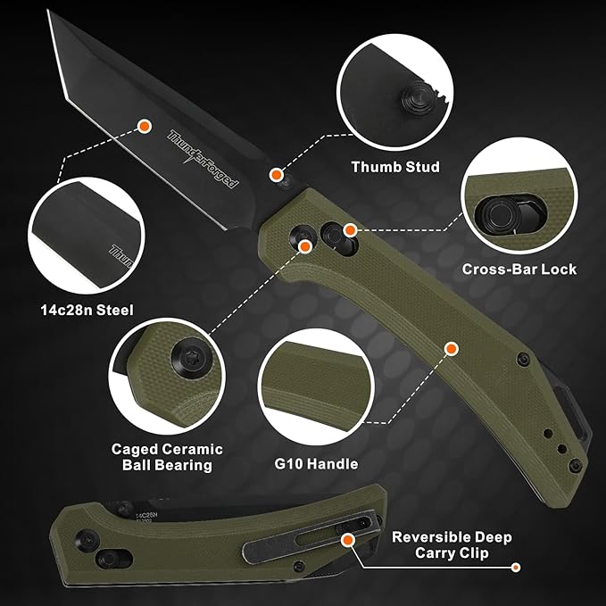 ThundeForged Camping Folding Knife - EDC Folding Knife with Crossbar Lock, 14C28N Steel Blade,Green G10 Handle Lightweight Tactical Pocket Knife for Camping Outdoor Survival Hiking