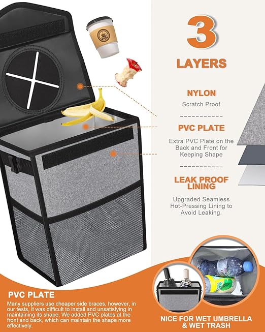 Car Trash Can with Lid, Cute Leakproof Car Trash Garbage Bag Hanging Vehicle Trash Bin Small Portable Automotive Garbage Cans Organizer for Back/Front Seat/Console(Trapezoid,Grey)