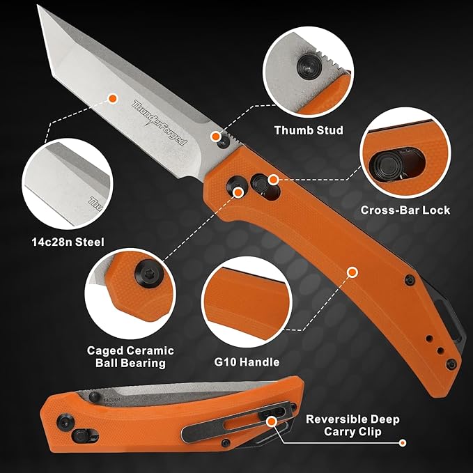 ThundeForged Camping Folding Knife - EDC Folding Knife with Crossbar Lock, 14C28N Steel Blade, Orange G10 Handle Lightweight Tactical Pocket Knife for Camping Outdoor Survival Hiking