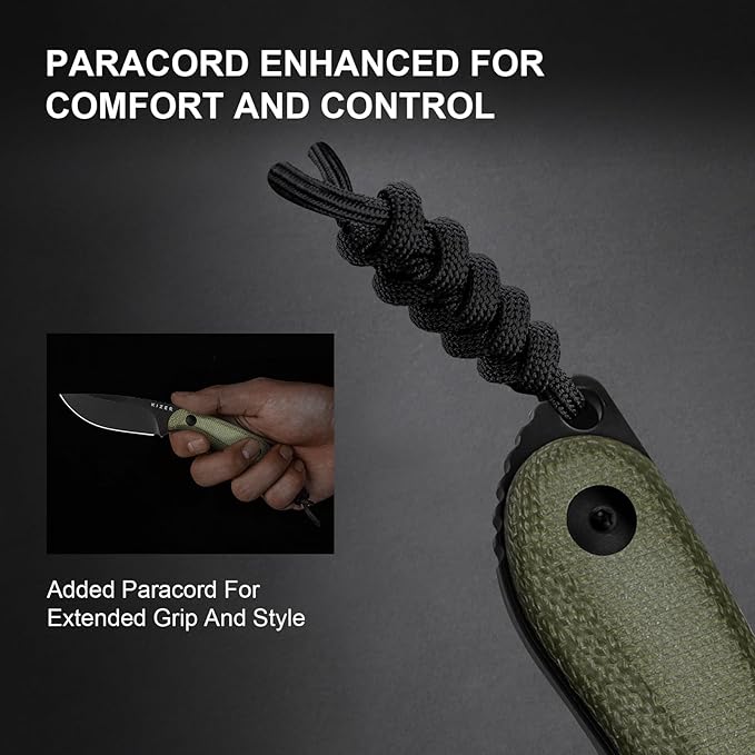Kizer Buddy Fixed Blade Knife, 3" D2 Steel Camping Knife with Olive Green Micarta Handle, Compact EDC Fixed Blade Knives with Sheath for Hiking & Camping 1081M1