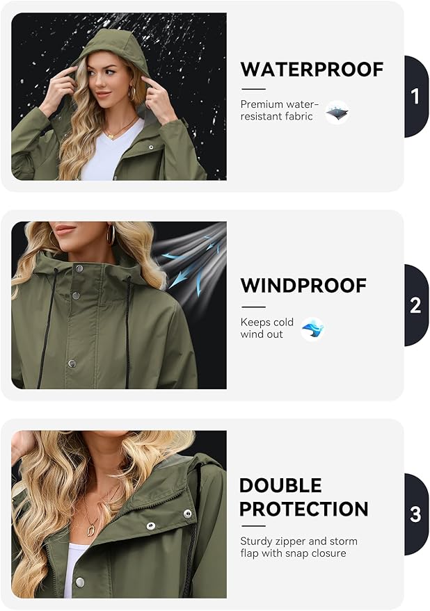 Zando Long Packable Rain Jacket Women Waterproof - Raincoat for Women Rain Coat with Hood Lightweight Outdoor Windbreaker
