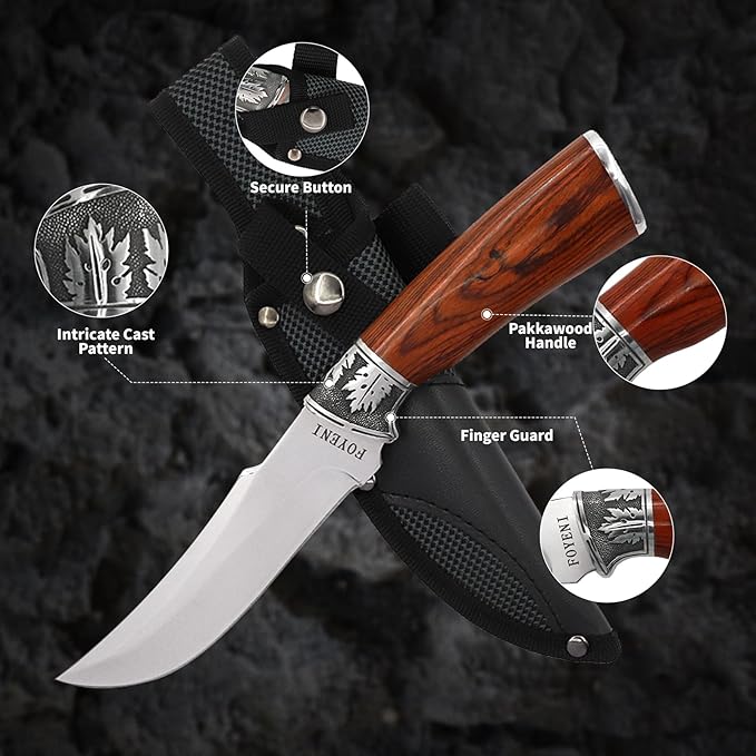Hunting Knife with Sheath,5.28" Stainless Steel Blade,Camping Fixed Blade Knife with Pakkawood Wood Handle for Survival,Bushcraft,Fishing,Outdoor,Hiking