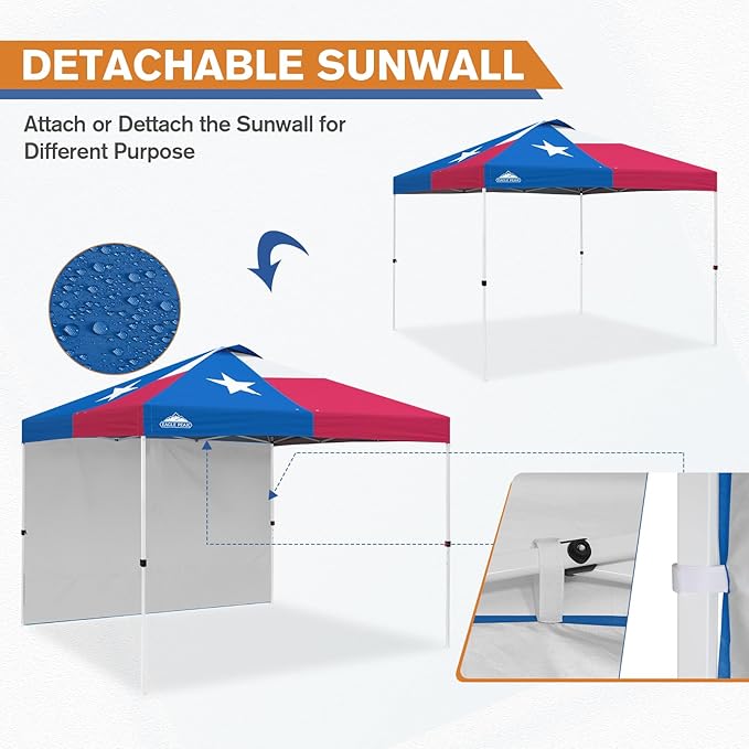 EAGLE PEAK Pop Up Canopy Tent with 1 Sidewall, Easy Setup Event Tent, Outdoor Sun Shade, Wheeled Carry Bag, Stakes and Guy Ropes, Instant Canopy 10x10, Tex Flag
