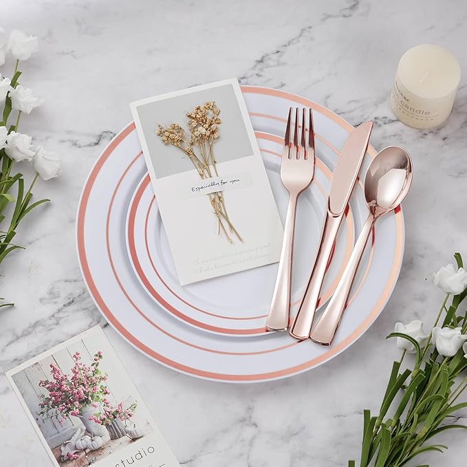 300PCS Plastic Dinnerware Set (50 Guests), Rose Gold Disposable Plates for Party, Wedding, Christmas, Anniversary, Includes: Dinner Plates, Dessert Plates, Cups, Spoons, Forks and Knives