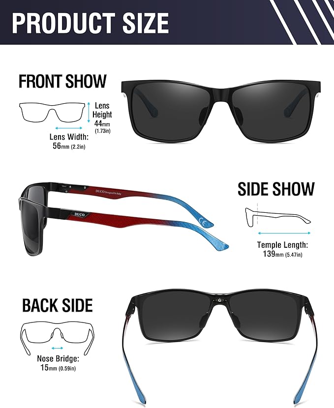 DUCO Mens Sunglasses Polarized Rectangle Sunglass for Men Lightweight Carbon Fiber UV400 Protection 8206