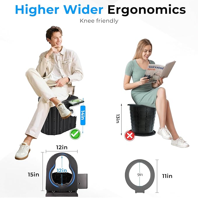 Portable Toilet for Adults, Foldable Plastic Toilet, with Lid and Paper Holder Travel Porta Potty for Adults Camping, Hiking, RV, Fishing, Beach, Road Trip, Truck, Hunting (Black)