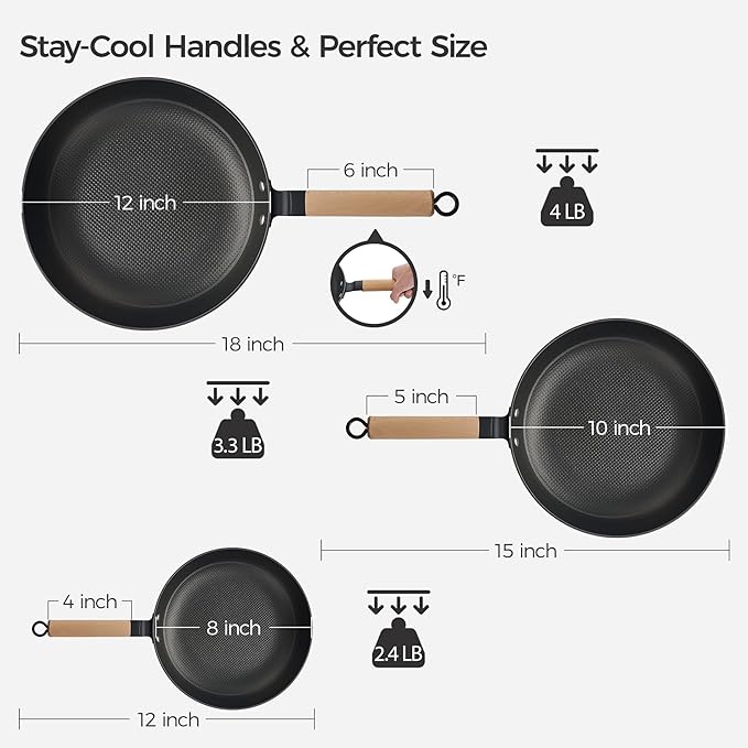 YUTANN 8&10&12 Inch Pre-seasoned Cast Iron Skillet,Enameled Non-stick Frying Pans with Detachable Handle,Lightweight,Dishwasher Oven Safe (500°F)