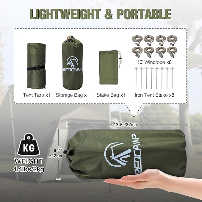 REDCAMP Large 10x17ft Waterproof Camping Tarp, Portable Hammock Rain Fly with 4 Collapsible Tarp Poles, 8 Guy Lines & Stakes, Backpacking Tent Shelter for Camping, Hiking, Beach (4 Poles)