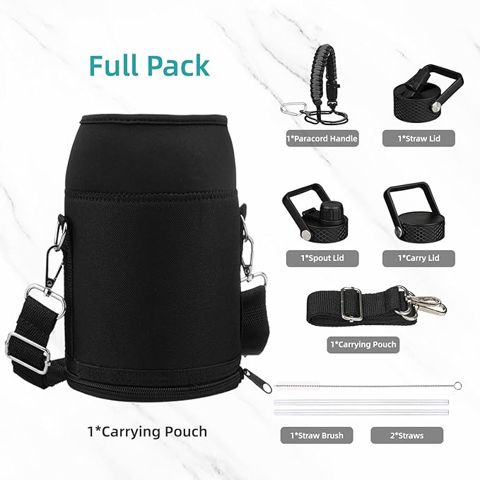 Insulated Water Bottle with Straw,50 oz 3 Lids Water Jug with Carrying Bag,Paracord Handle,Double Wall Vacuum Stainless Steel Metal Flask,Indigo Black